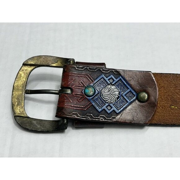 Western Saddle Leather Belt 32 Hand Painted Tooled Embossed Aztec Brass Buckle - Picture 6 of 14